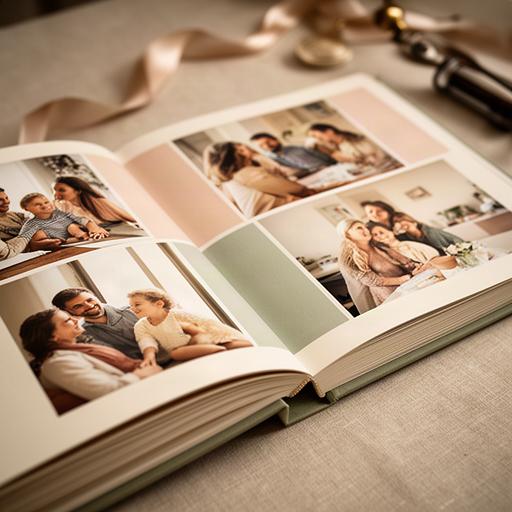 Álbum fotográfico personalizado abierto con fotografías familiares impresas